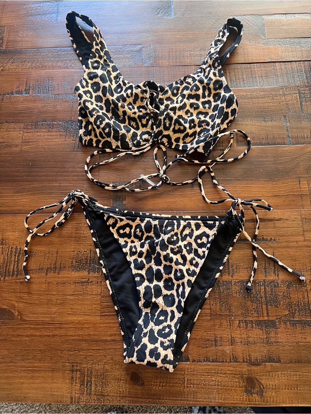 Fashion Nova Leopard Print Tie Bikini Set - Black & Tan